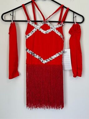 NWT Girls Red Sequin Fringe Dance Costume with Arm Sleeves - Size: SC